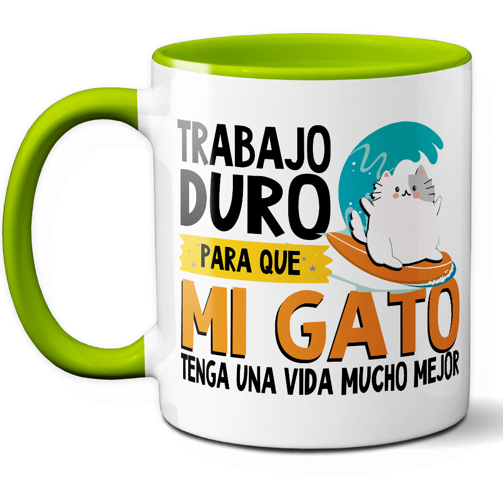 Taza Divertida 'Trabajo duro para que mi gato tenga una vida mucho mejor' – Ref. 2 – Cerámica 325 ml