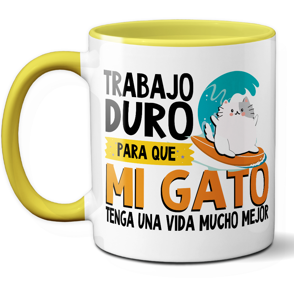 Taza Divertida 'Trabajo duro para que mi gato tenga una vida mucho mejor' – Ref. 2 – Cerámica 325 ml